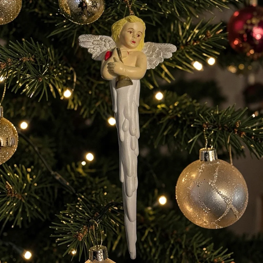 Vintage Angel Icicle Ornament Holding Bell Christmas Plastic‎ Cherub Religious